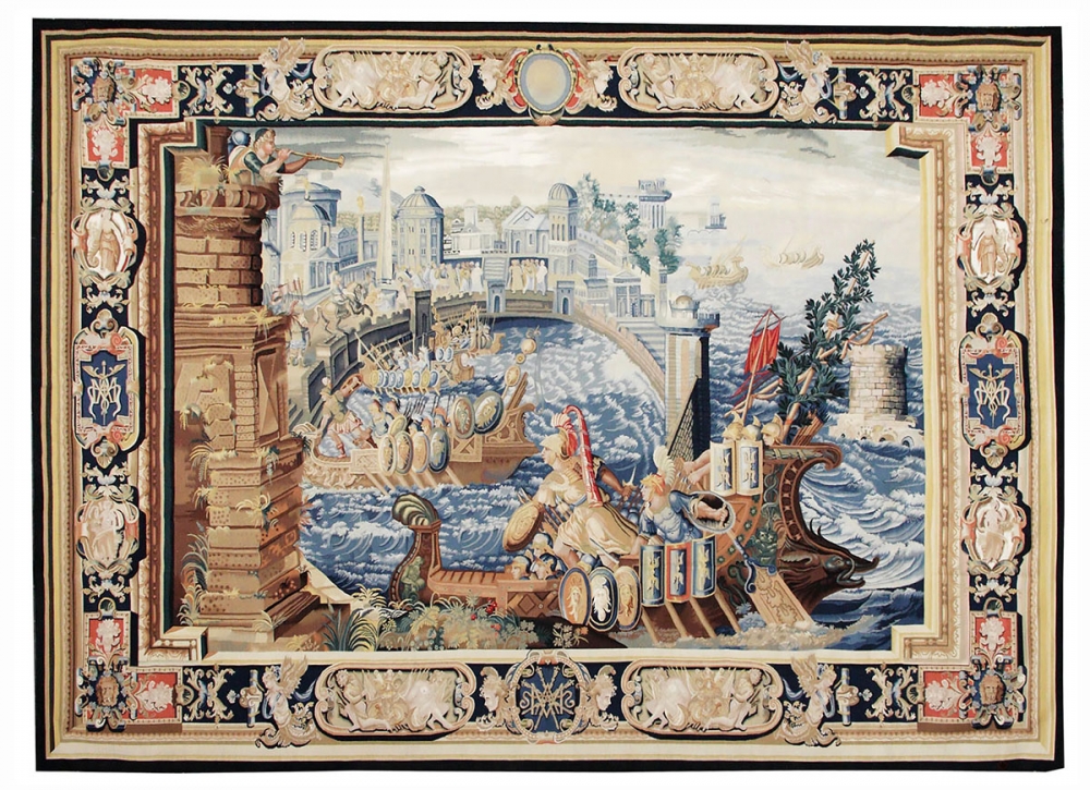 Гобелен "Колосс Родосский" (Прибытие королевы в порт Родоса). Шпалера была соткана на мануфактуре Команса и Планша в период с 1611 по 1622 годы, Сен-Марсель, Франция. Современная реплика. Ручная работа. Состав шерсть,шелк. Размер : 256х343 см. (0002ГЗ)