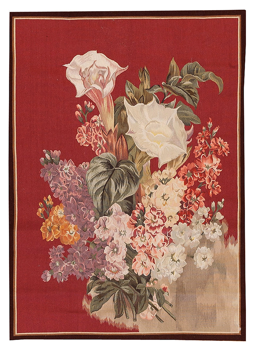 Гобелен "Букет цветов на красном фоне".<br />Дизайн шпалеры конца 19 века, Франция. Современная копия.<br />Ручная работа. Состав шерсть,шелк. Размер : 76х106 см. (535925)